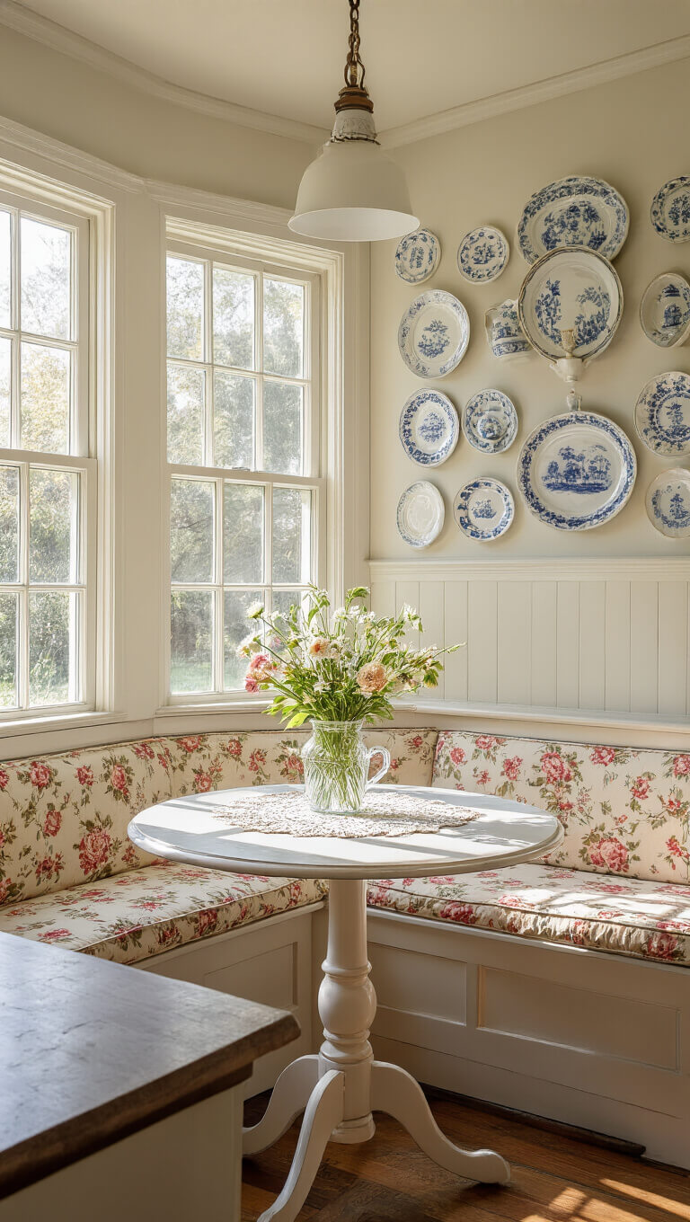 Cozy vintage breakfast nook with floral banquette, antique pedestal table, milk glass vase of flowers, and sunlight streaming through bay window.