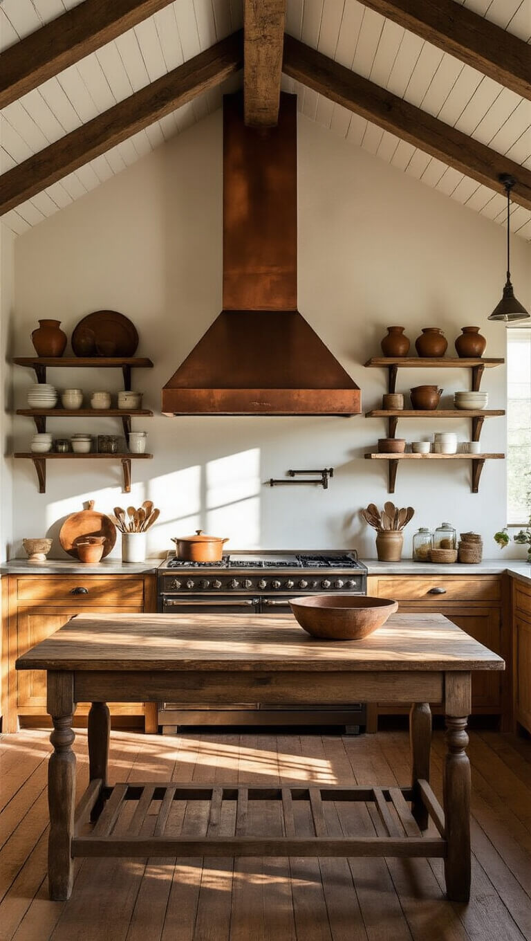 Rustic farmhouse kitchen with vaulted ceiling, exposed beams, golden hour lighting, copper hood, vintage stove, open reclaimed wood shelving, and weathered farmhouse table island.