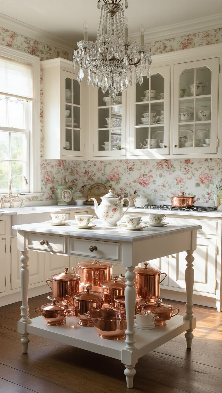Victorian-style kitchen with white glass-front cabinets, marble island with copper molds, floral wallpaper, and a crystal chandelier in soft morning light.