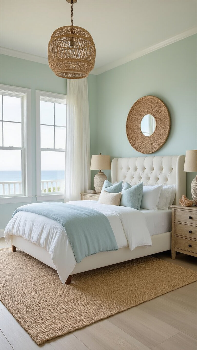 Coastal chic bedroom with a king bed, ocean view, rattan mirror, and soft morning light.