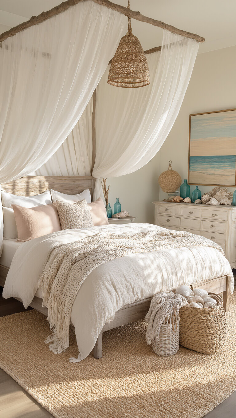 Coastal chic bedroom with canopy bed, ivory and blush bedding, rattan lighting, and beach-themed decor bathed in warm afternoon sunlight.