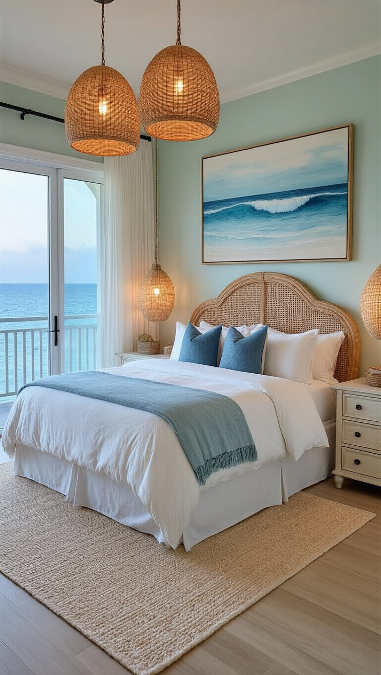 Coastal chic master bedroom with ocean-view balcony at twilight, featuring a king bed with curved cane headboard, blue accents, rattan pendant lights, and sea-inspired decor.