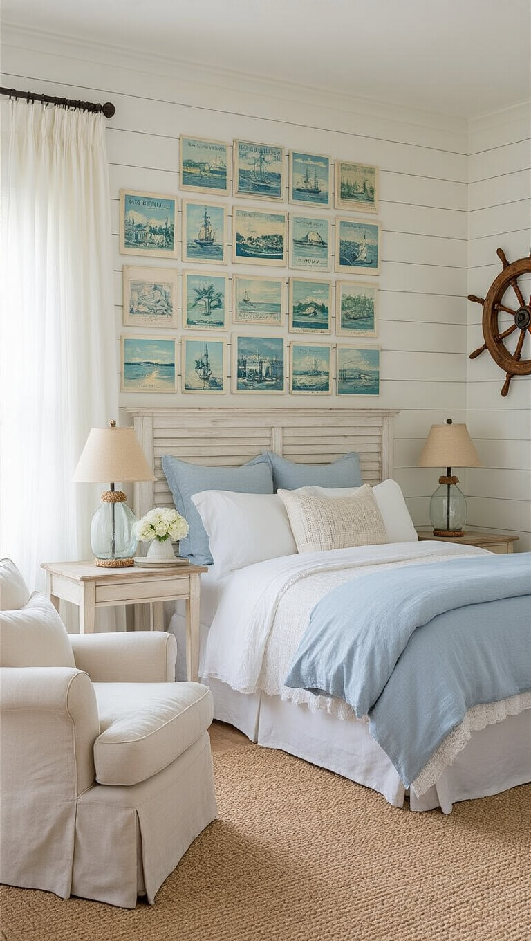 Coastal chic guest bedroom with whitewashed queen bed, blue and white linens, vintage seaside postcard gallery wall, nautical decor, and soft natural lighting.
