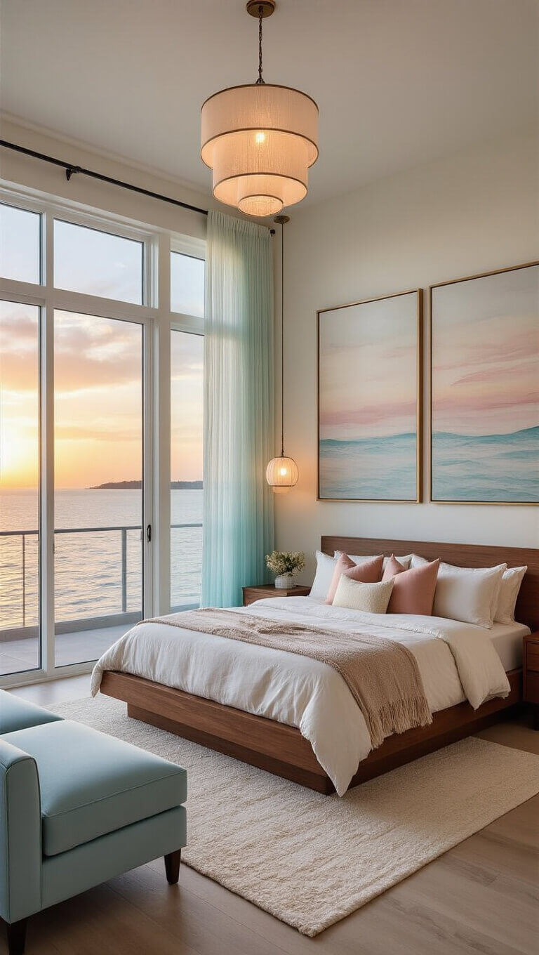 Coastal chic primary bedroom at sunset with floor-to-ceiling windows, walnut platform bed, pastel beach artwork, capiz pendant lights, pale blue chaise, and sea-inspired decor.