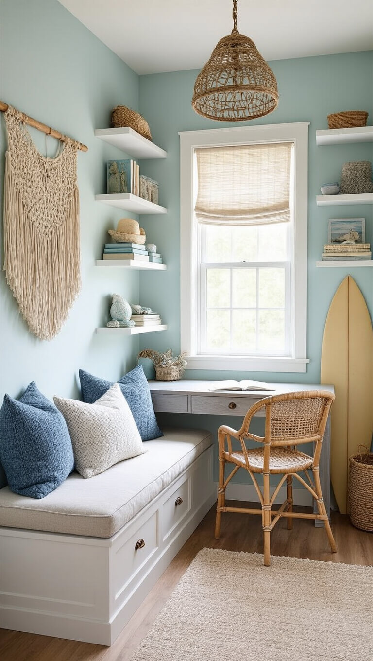 Coastal chic bedroom office nook with window seat, floating shelves, writing desk, macramé wall hanging, and vintage surfboard in soft afternoon light.