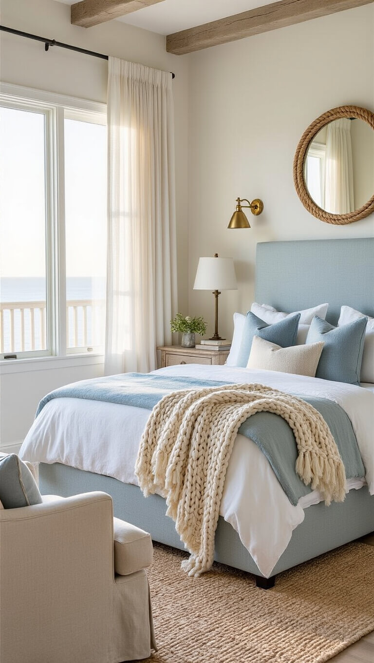 Coastal chic bedroom at dawn with pale blue upholstered bed, linen curtains, rope-framed mirror, weathered wood dresser, jute rug, and soft natural light creating a serene atmosphere.
