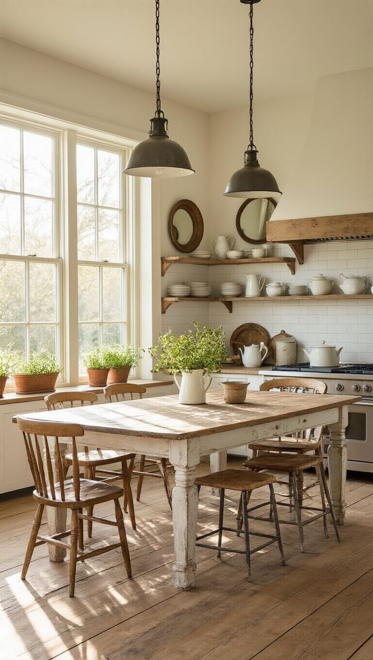 Farmhouse kitchen with oak floors, vintage furniture, open shelving, and golden hour sunlight through a bay window.