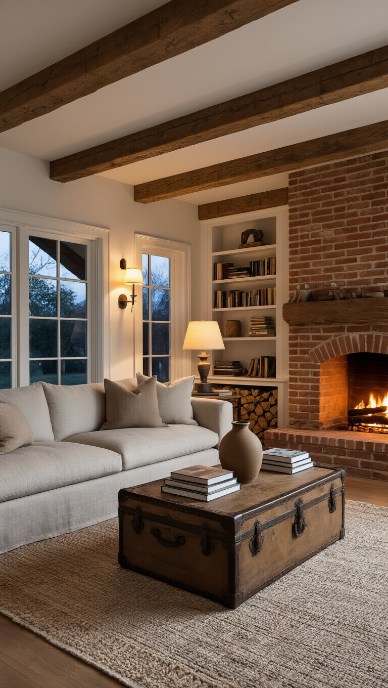 Cozy 12x14 ft living room at dusk with vaulted ceiling, exposed wooden beams, linen sofa, brick fireplace, built-in bookshelves, vintage trunk coffee table, layered rugs, and warm ambient lighting.