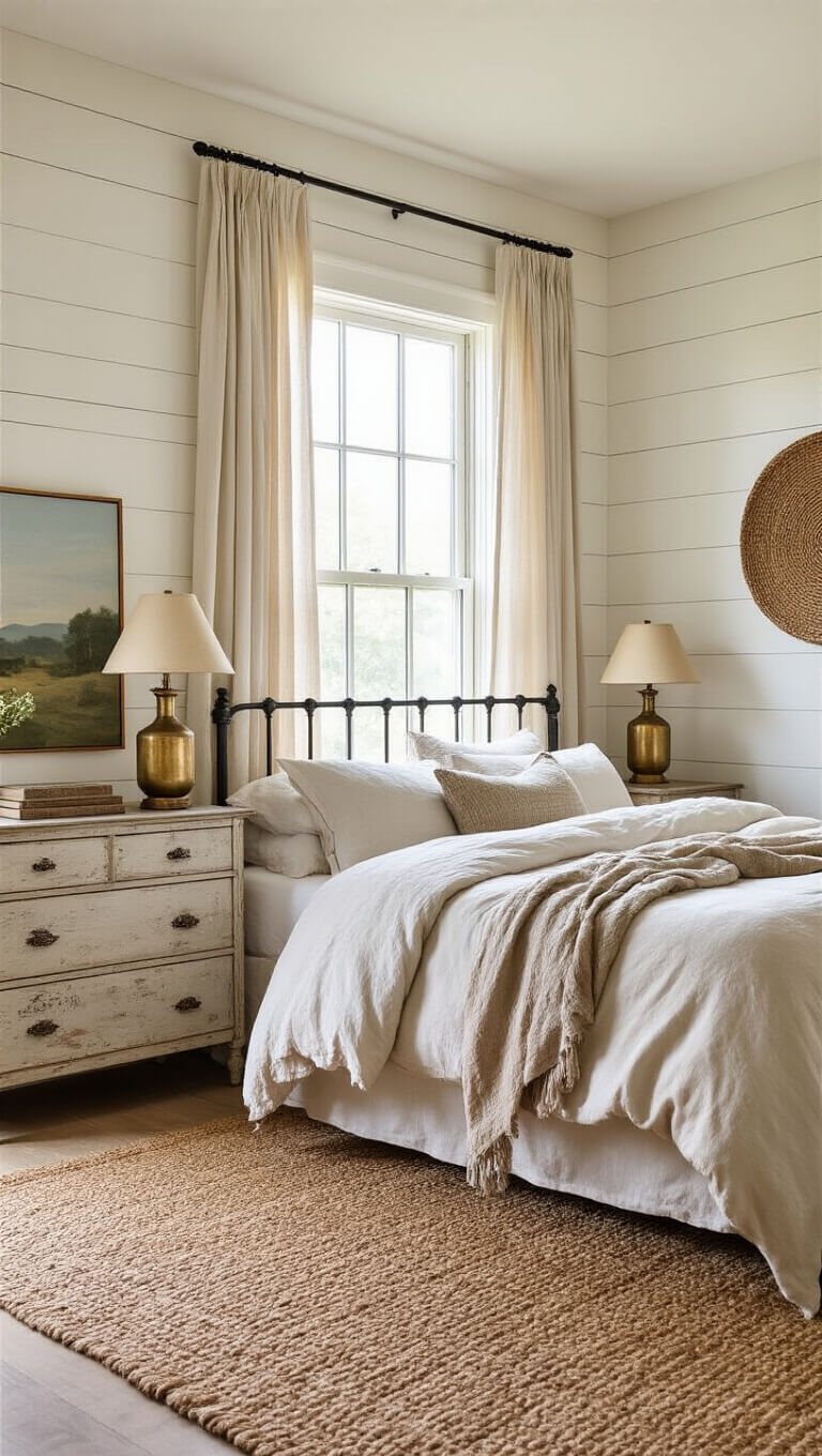 Low-angle view of a cozy cream-toned master bedroom with shiplap walls, iron bed frame, vintage decor, and soft natural light filtering through gauzy curtains.
