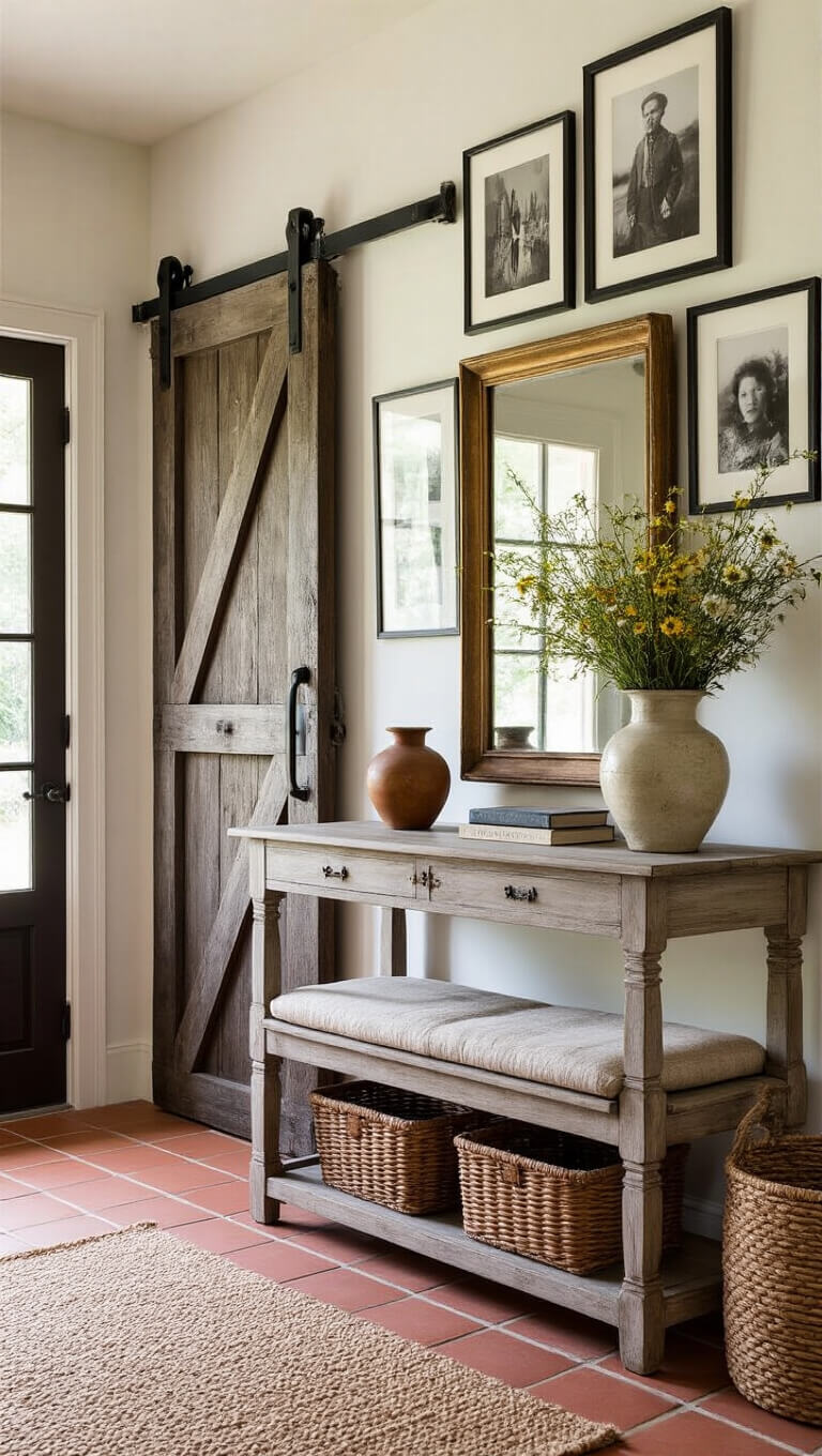 Rustic entryway with vintage barn door, antique console table, black-and-white photo gallery wall, bench with woven cushion, and terracotta tile flooring.