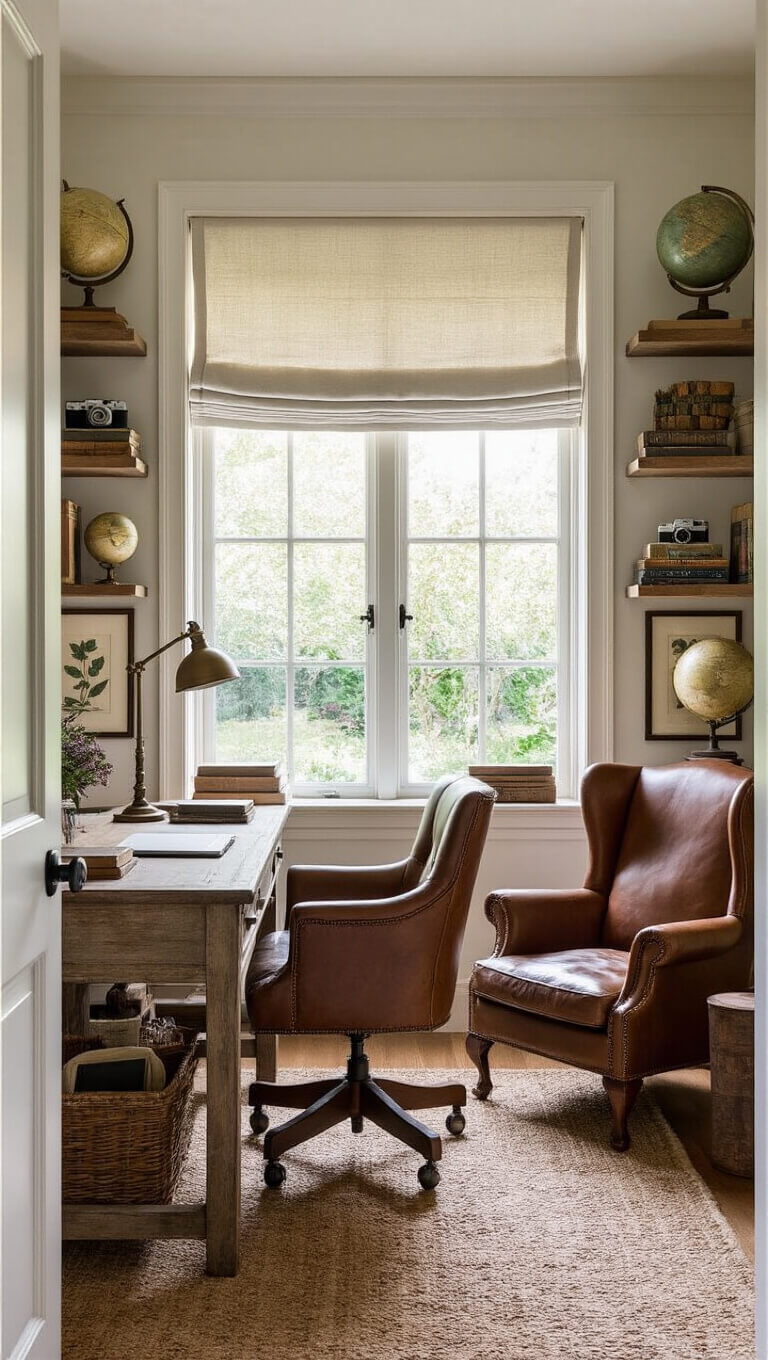 Home office with large window, weathered wood desk, leather chair, vintage decor, and cozy reading nook with wingback chair.