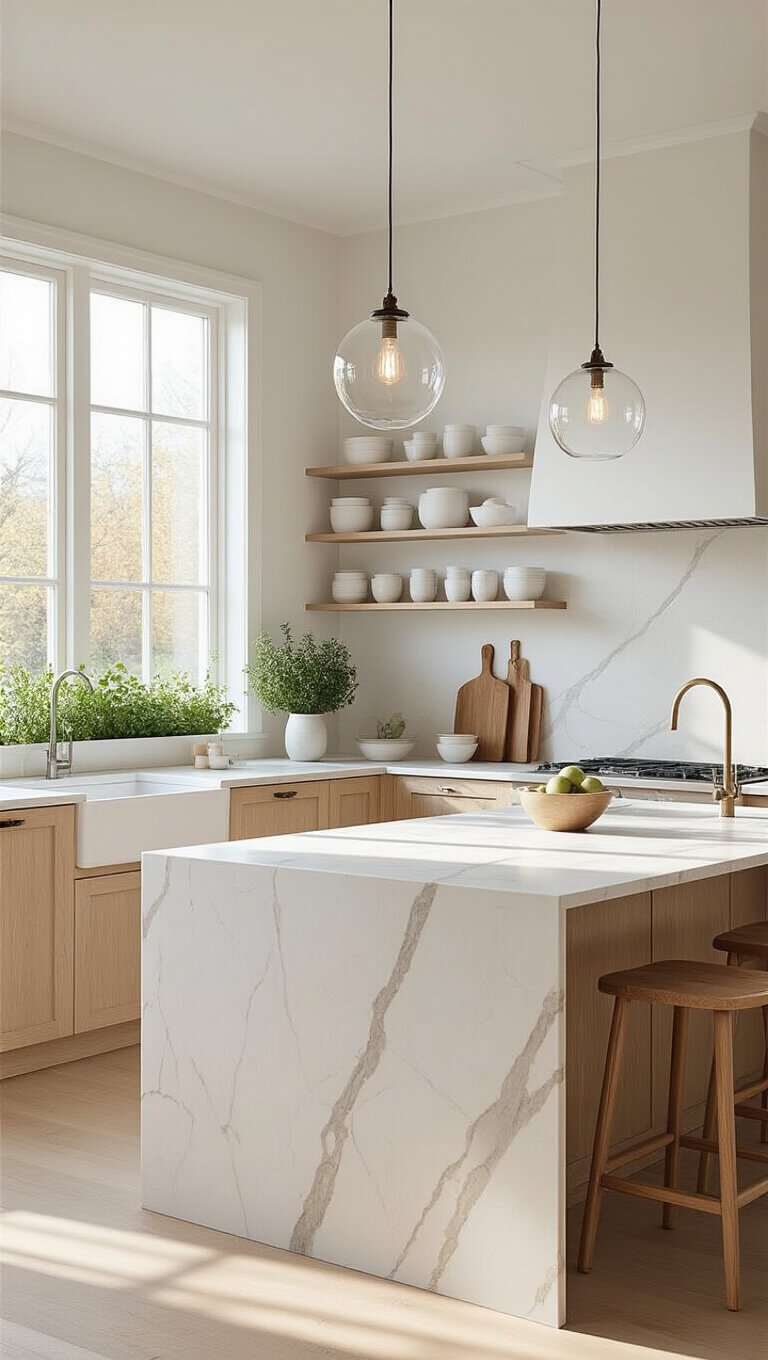Nordic-inspired kitchen with light oak cabinets, marble waterfall island, and soft morning light streaming through large windows.