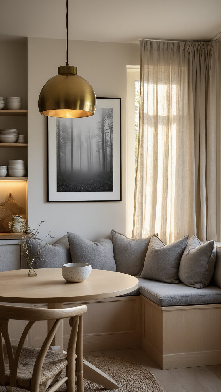 Cozy Nordic kitchen nook at golden hour with sunlit banquette, round birch table, brass pendant light, and ceramic dish display.