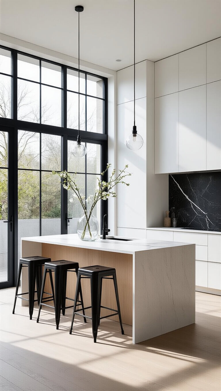 High-angle view of a bright Nordic-style kitchen with white cabinets, black marble backsplash, and oak island with quartz top, lit by natural daylight through tall windows.