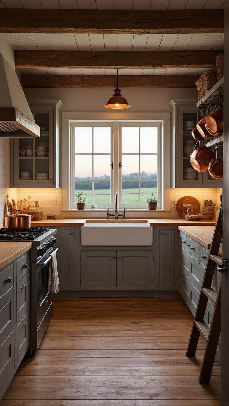 Cozy Nordic farmhouse kitchen with gray cabinets, butcher block counters, and exposed wooden beams, warmly lit at dusk with copper pots and a vintage ladder pot rack.