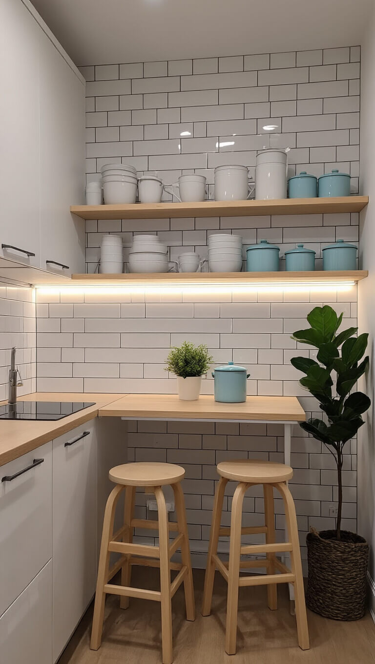 Nordic-inspired compact studio kitchen with fold-down table, light birch stools, white subway tile backsplash, pastel enamelware on floating shelves, and warm LED lighting.
