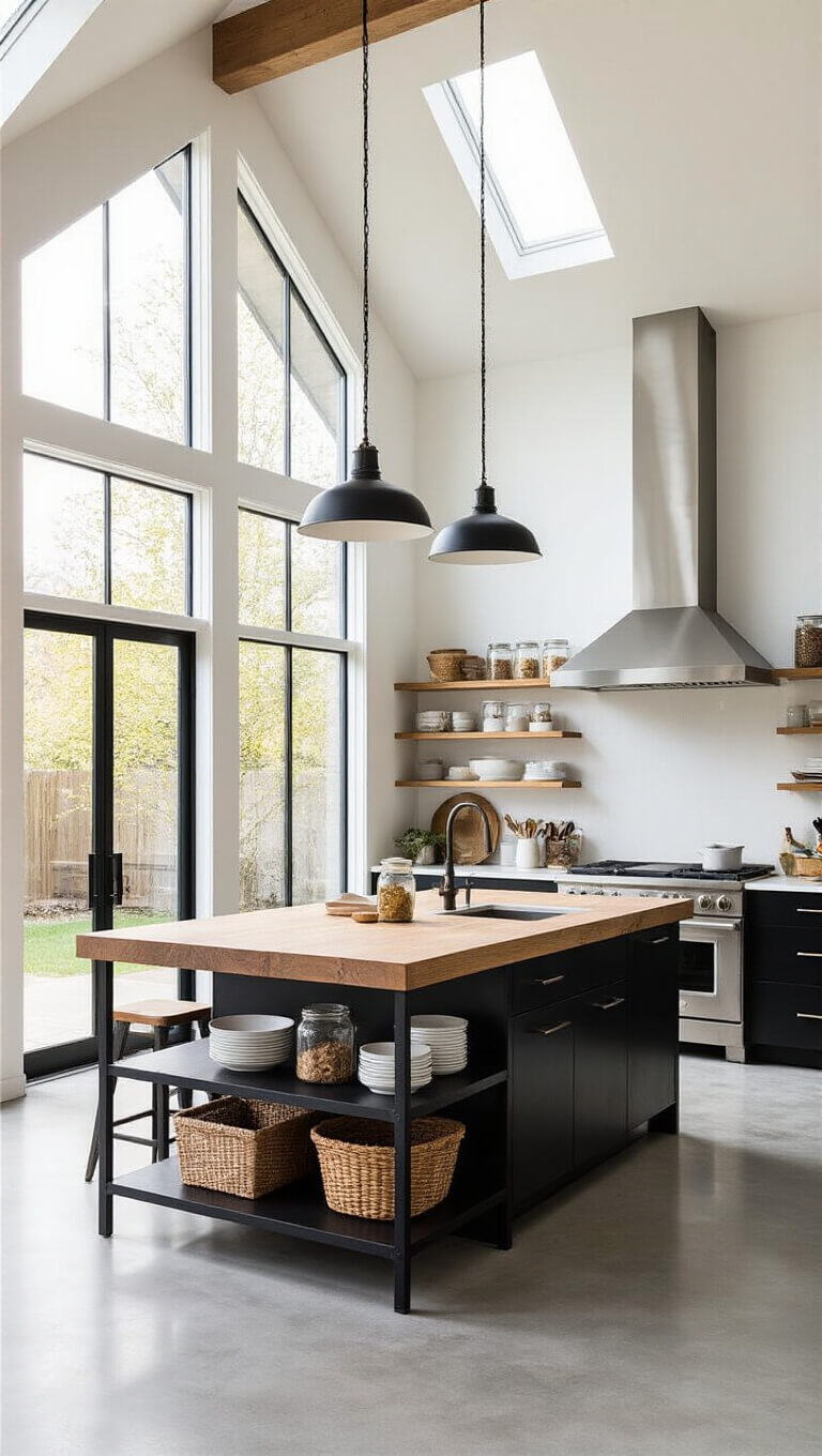 Low-angle view of a bright, spacious Nordic-industrial kitchen with polished concrete floors, soaring pitched ceiling, large steel-framed windows, and a raw edge wood island on a black metal base.