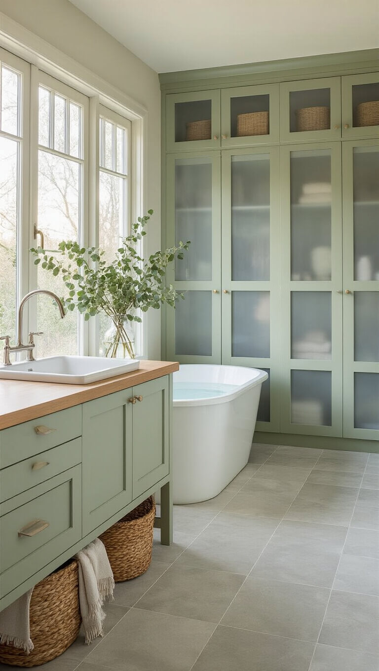 Nordic spa-inspired kitchen with pale sage cabinets, bathtub-style sink, frosted glass pantry doors, and soft morning light.