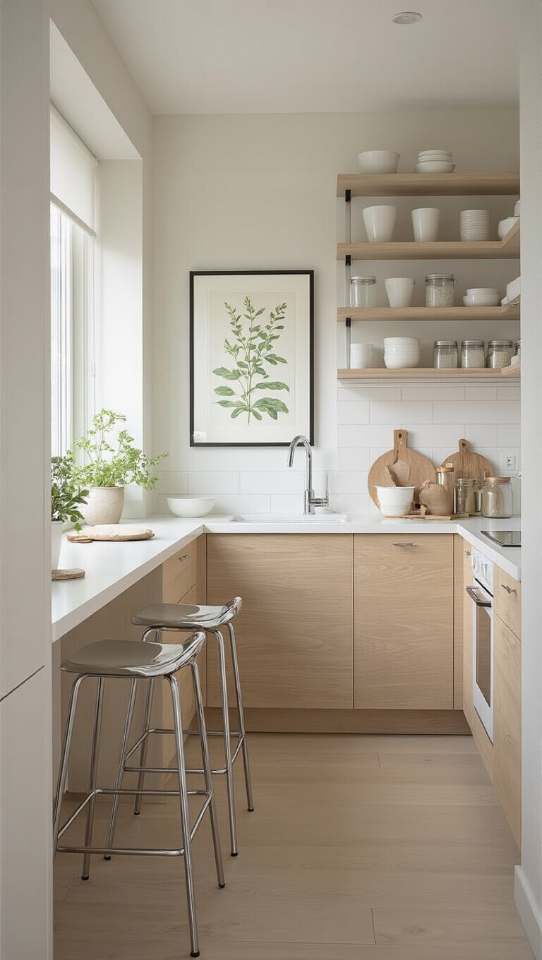 Compact modern kitchen with light wood cabinets, white countertops, slim island with chrome stools, and soft morning light from window above sink.