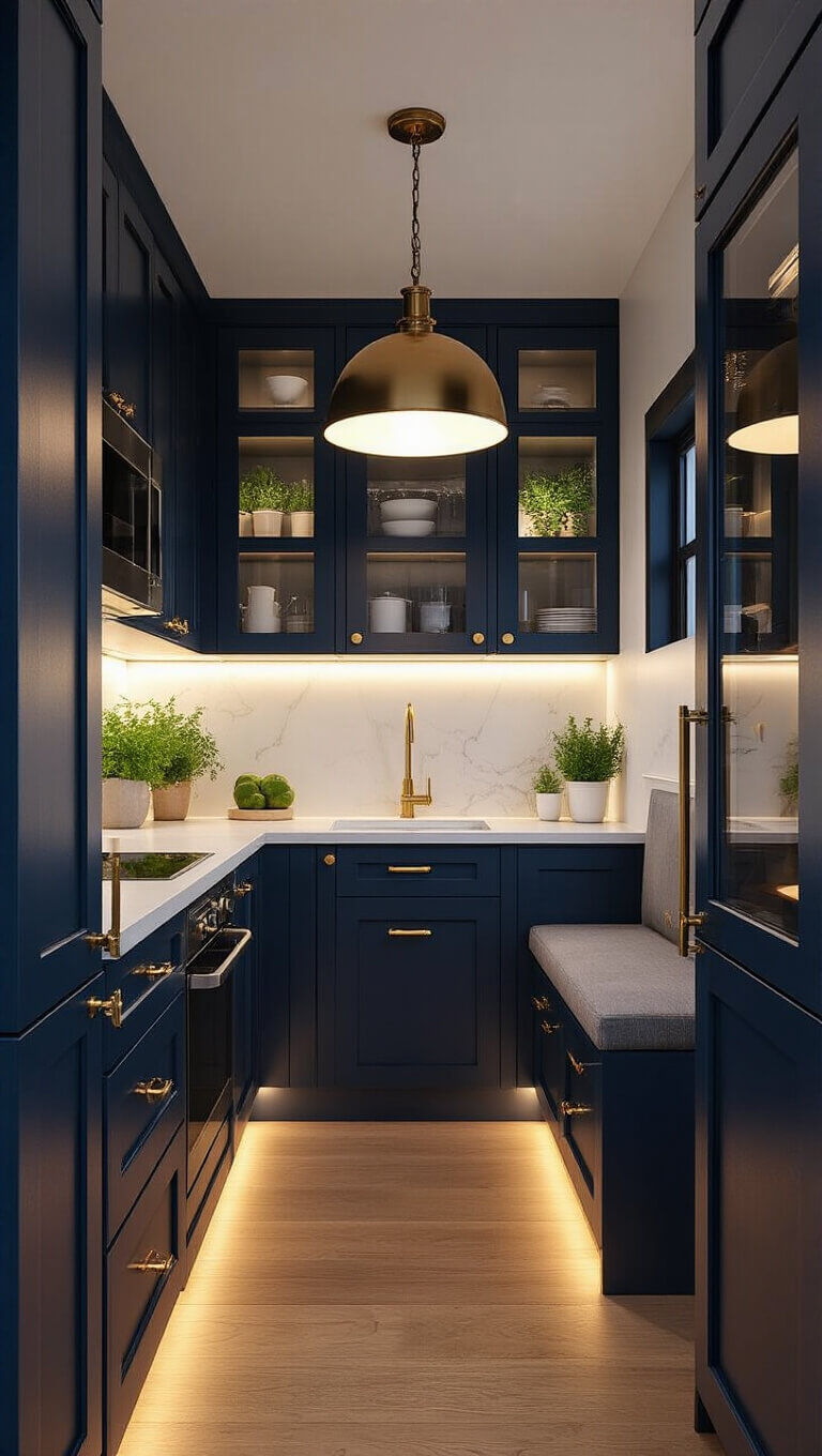 Warmly lit galley kitchen with navy cabinets, brass hardware, white quartz counters, and a dining nook under a pendant light; frosted glass pantry and potted herbs add brightness and depth.