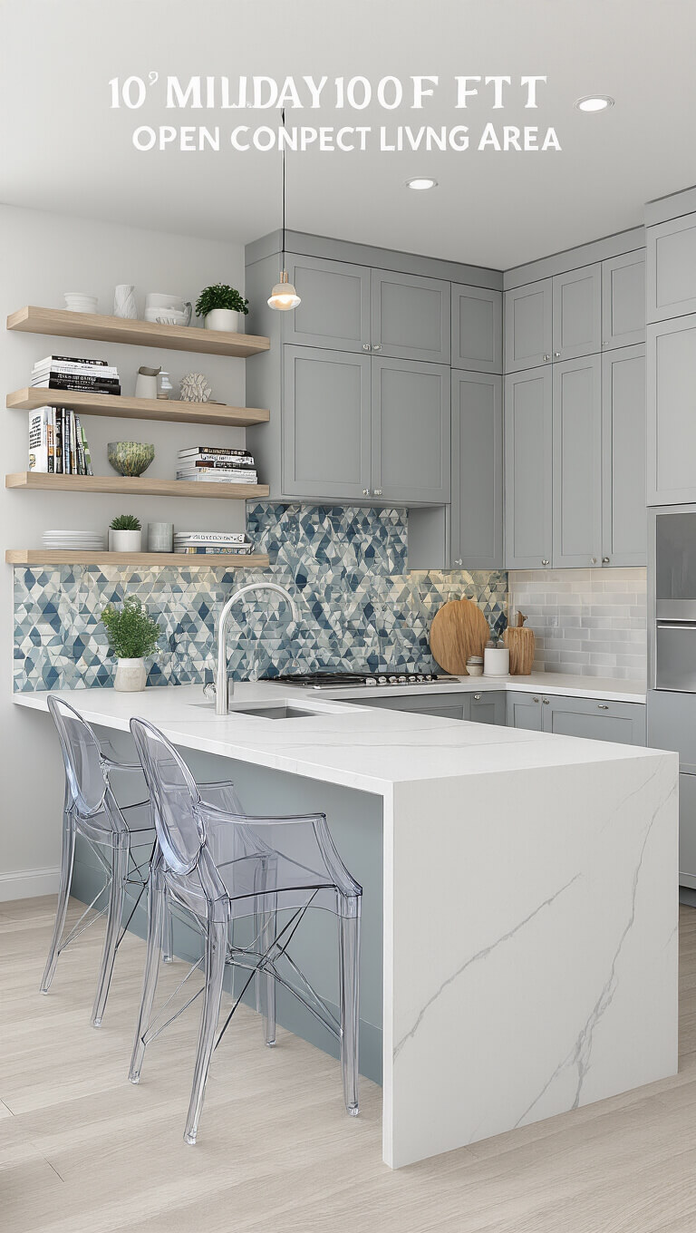 Open-concept kitchen and living area with dove grey cabinets, blue geometric backsplash, white quartz peninsula with ghost chairs, and open shelving in a bright midday setting.
