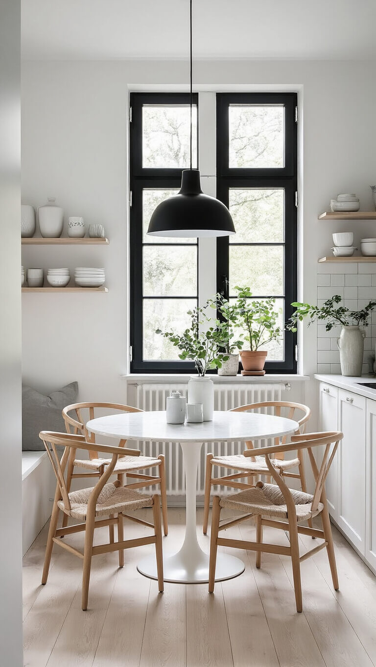 Minimalist Scandinavian kitchen nook with white marble table, natural wood wishbone chairs, black pendant light, and open shelves displaying ceramics and plants.