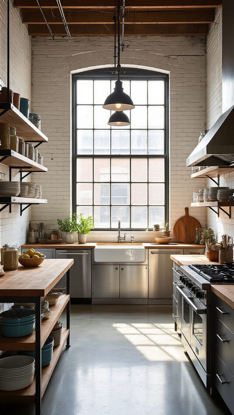 Industrial-style kitchen with white brick walls, concrete floors, stainless steel shelving, butcher block countertops, and golden hour light streaming through a large factory window.