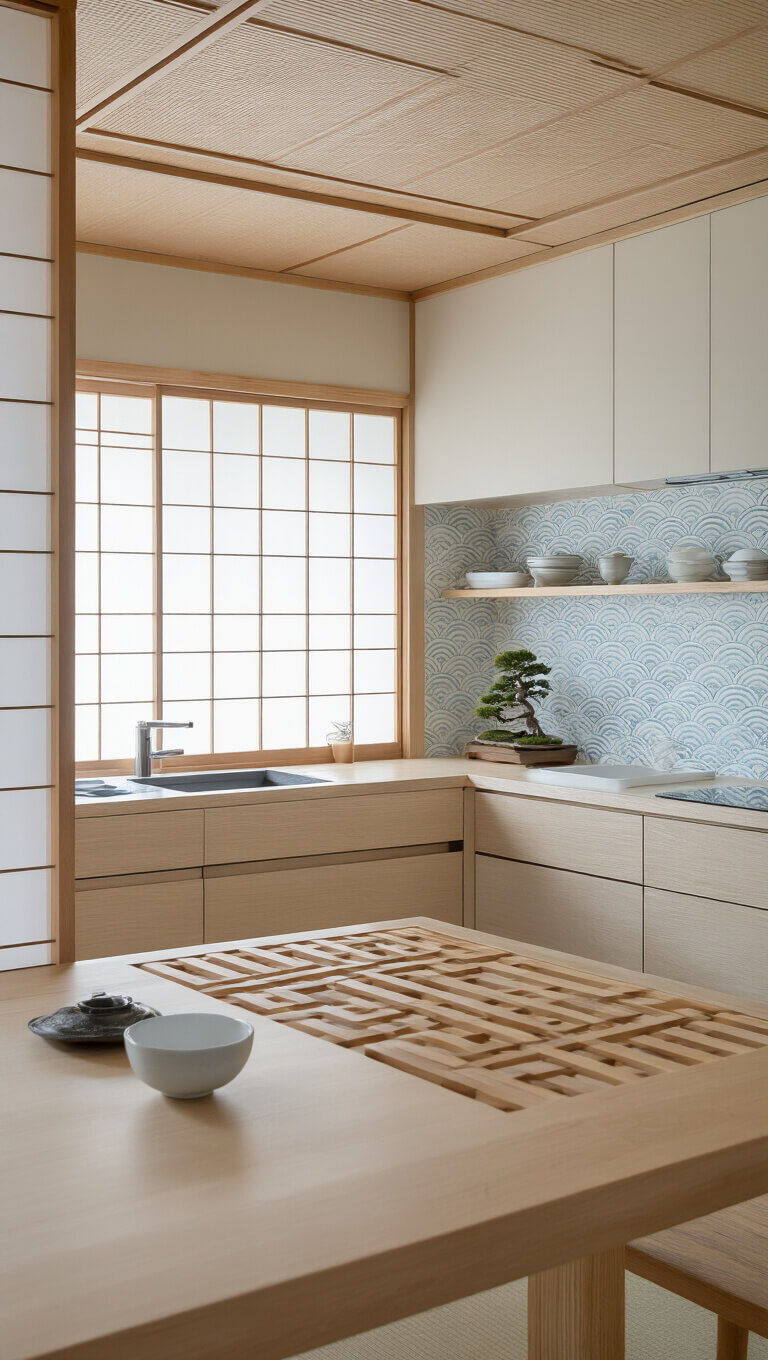 Japanese-inspired kitchen with pale wood cabinets, shoji screens, and soft natural lighting.