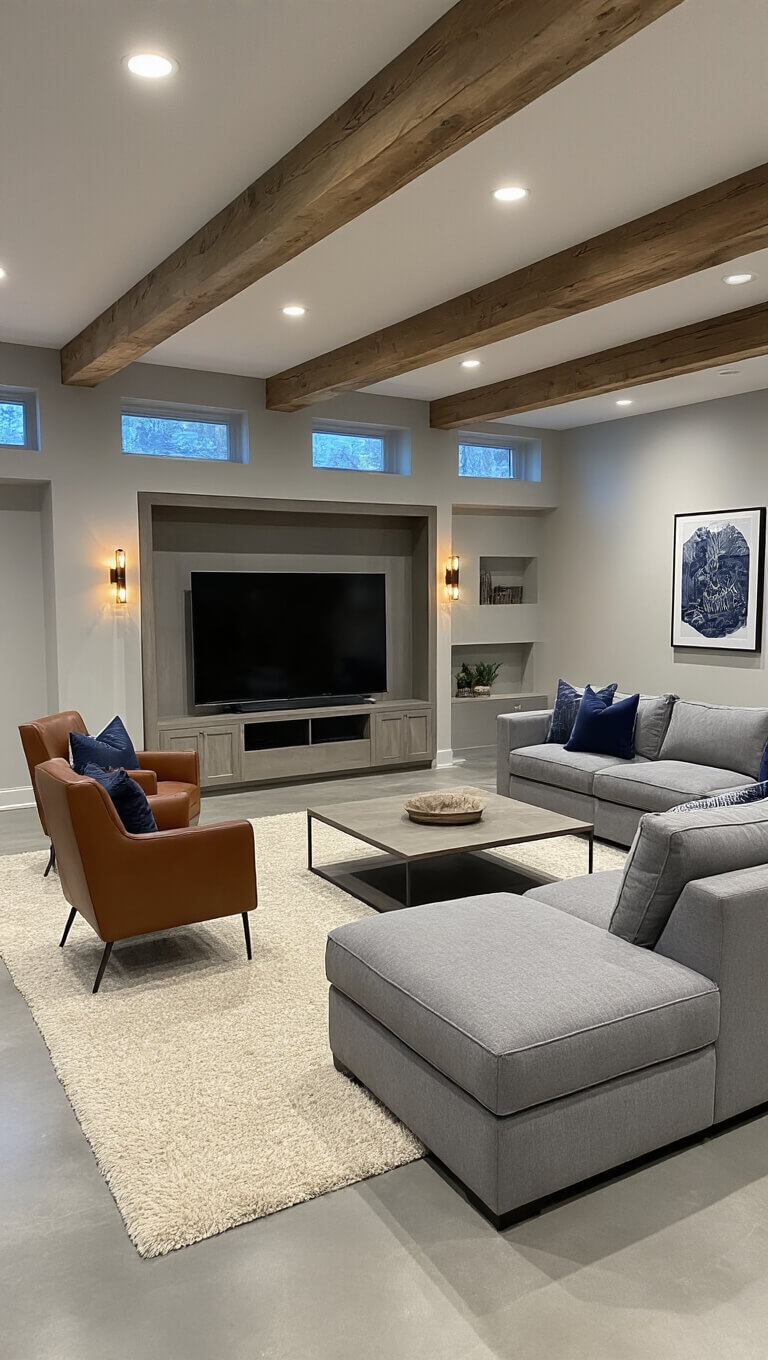 Wide-angle view of a modern basement living room with grey sectional sofa, cognac leather chairs, and warm golden-hour lighting in a cozy, stylish setting.
