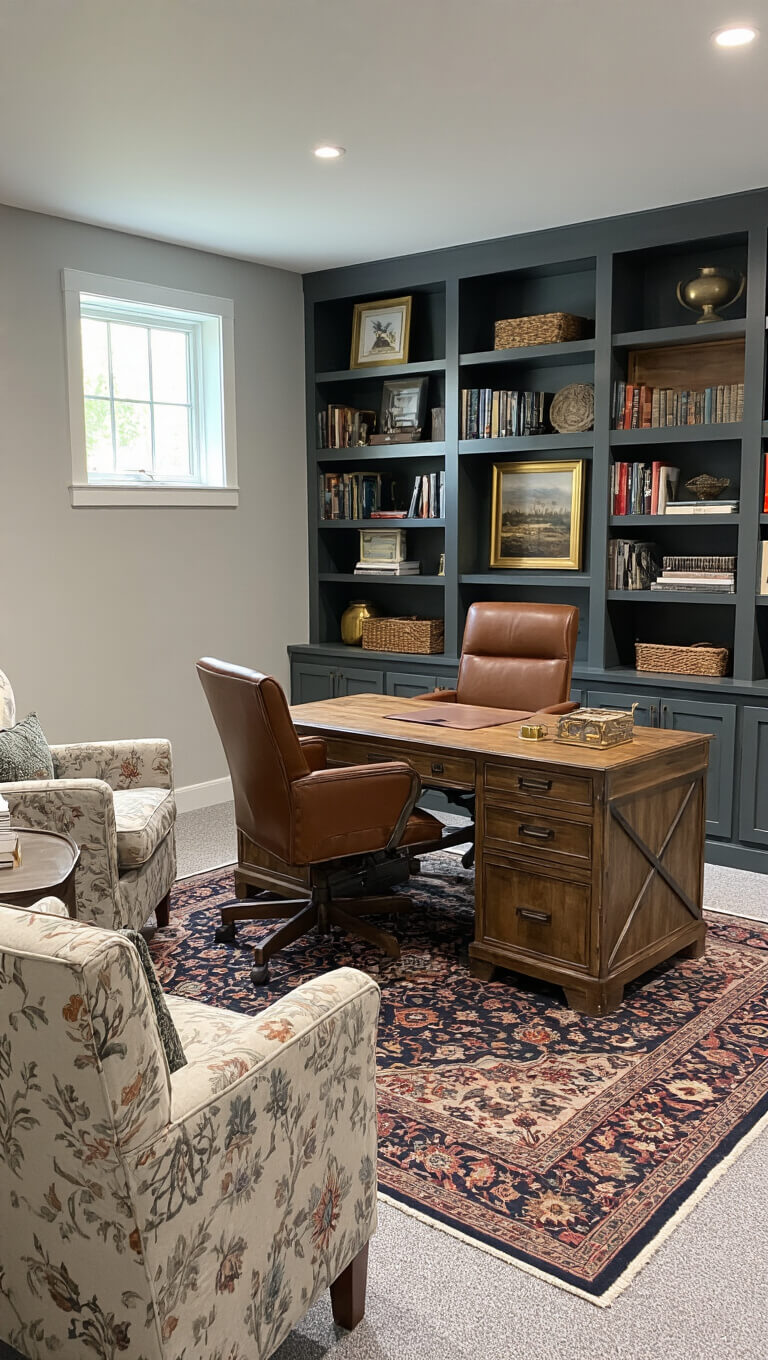 Home office in a basement corner featuring a large wooden desk, ergonomic leather chair, built-in bookshelves, and a cozy seating area with floral armchairs, all lit by morning sunlight and warm lamps.