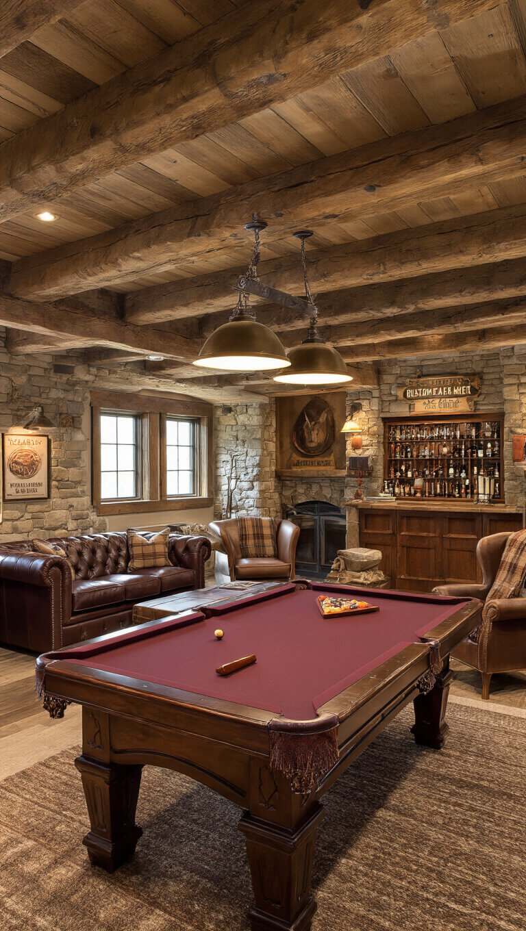 Rustic basement game room with wooden beams, stone walls, burgundy pool table, leather Chesterfield sofa by fireplace, vintage copper-accented bar, warm lighting, and cozy earth-tone decor.