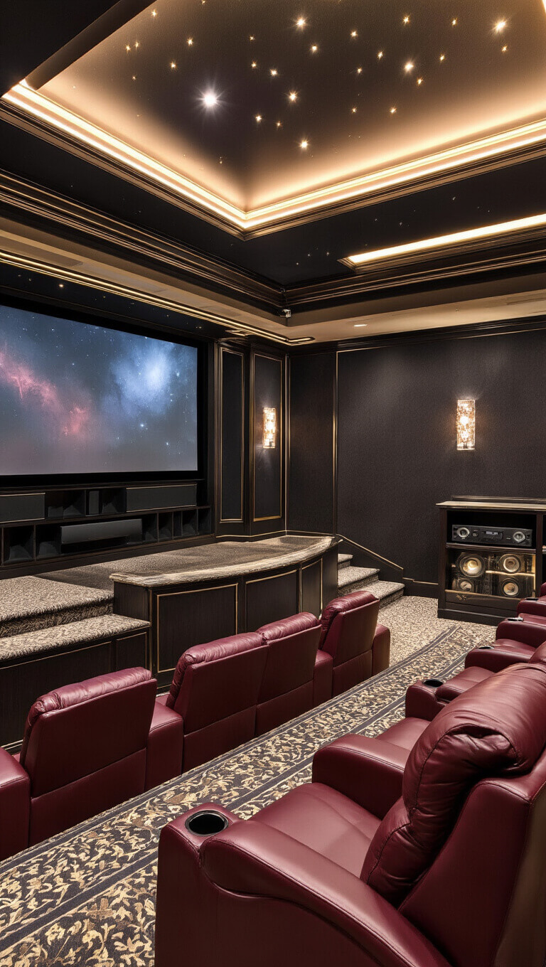 Luxurious basement home theater with tiered burgundy leather recliners facing a large 120-inch screen, dark sound-absorbing walls with gold accents, starry ceiling lights, LED-lit steps, and a backlit onyx wet bar at the rear.