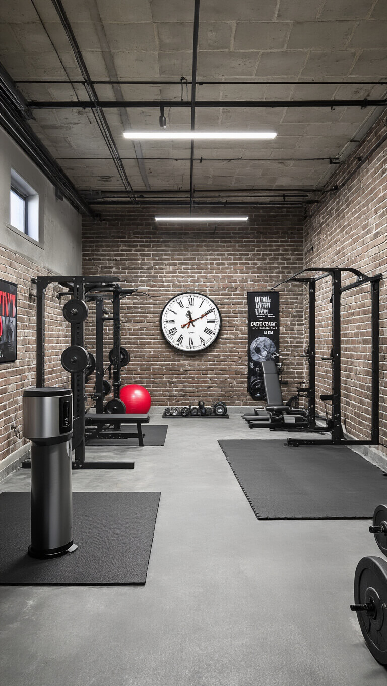 Wide-angle view of an industrial chic basement home gym with exposed brick, mirrored wall, exercise stations, rubber mats on polished concrete floor, hydration corner, and LED lighting.
