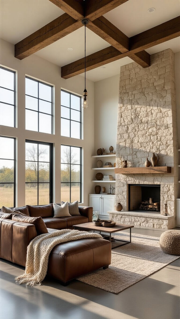 Spacious barndominium living room with high ceilings, exposed beams, stone fireplace, leather sectional, and golden hour sunlight streaming through large industrial windows.