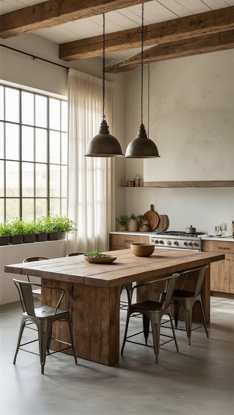 Open-concept kitchen and dining area with reclaimed wood island, metal barstools, industrial pendant lights, and polished concrete floors, bathed in early morning sunlight through sheer curtains.
