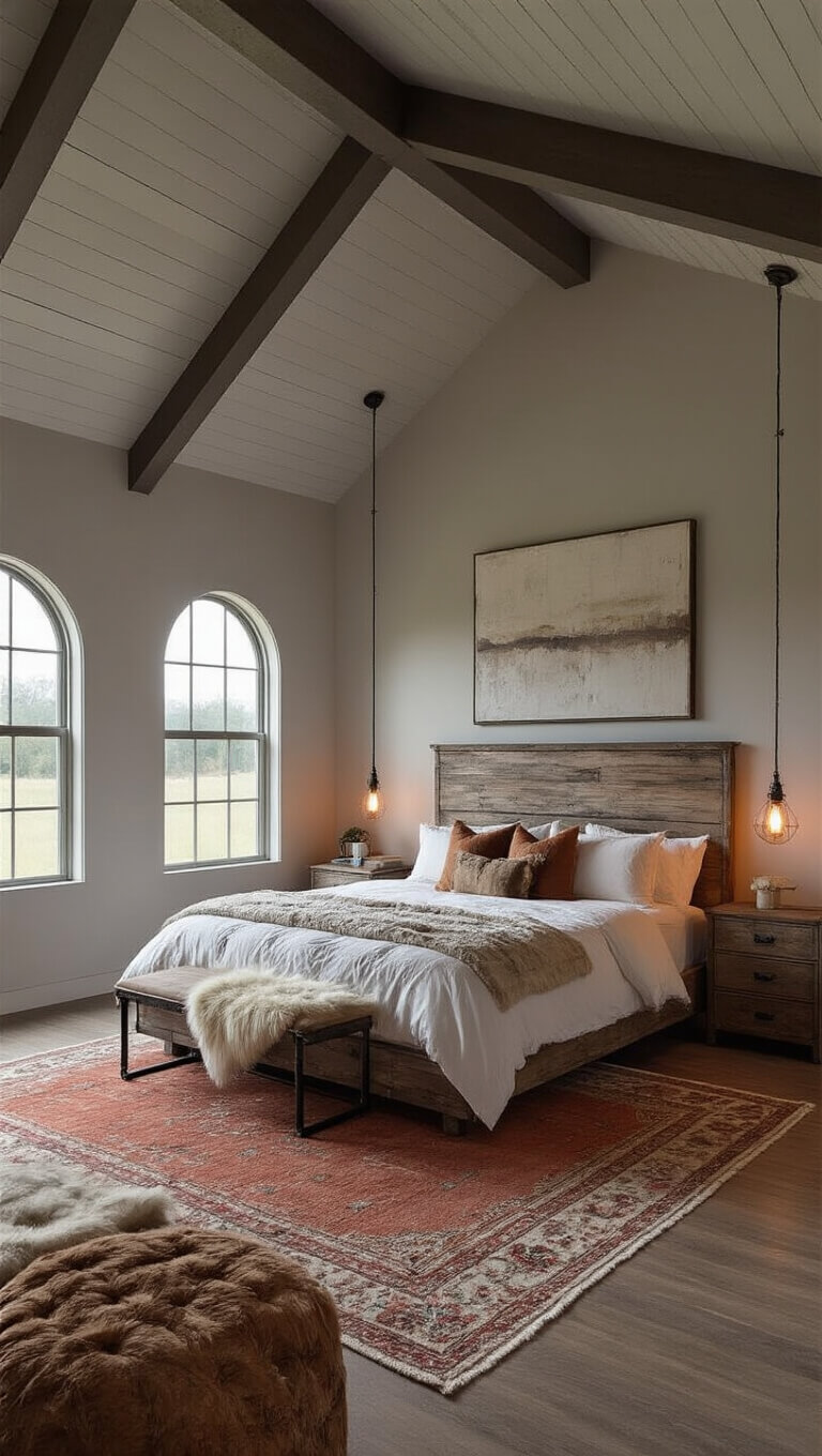 Cozy barndominium bedroom with vaulted ceiling, exposed metal trusses, king-size bed, industrial nightstands, kilim rug, and twilight glow through arched windows.