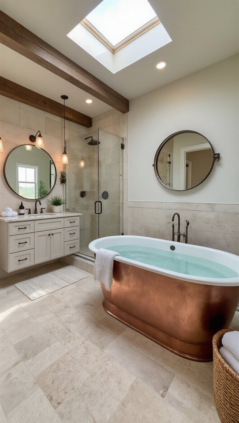 Luxurious barndominium bathroom with heated travertine floors, double floating vanity beneath a round mirror, freestanding copper tub under skylight, and textured walk-in shower, featuring marble countertops, wood accents, brushed nickel fixtures, and soft decor in warm whites and grays.