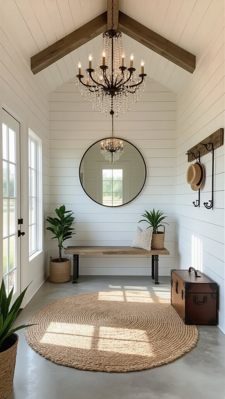 Barndominium entryway with soaring ceilings, whitewashed shiplap walls, a dramatic chandelier, rustic bench, large round mirror, vintage trunk, potted plants, and smooth concrete floors with a jute rug.