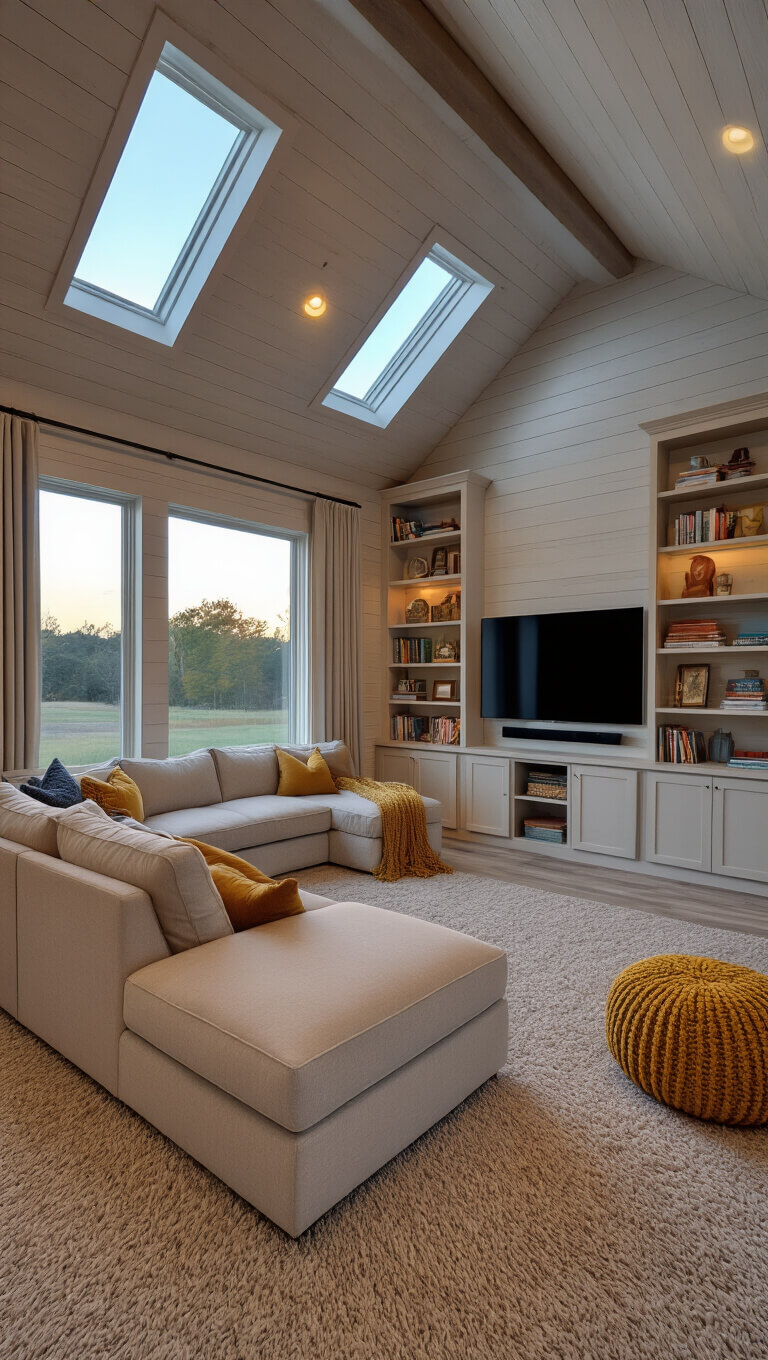 Cozy barndominium loft with angled ceilings, sectional sofa, reading nook, built-in bookshelves, and warm ambient lighting.