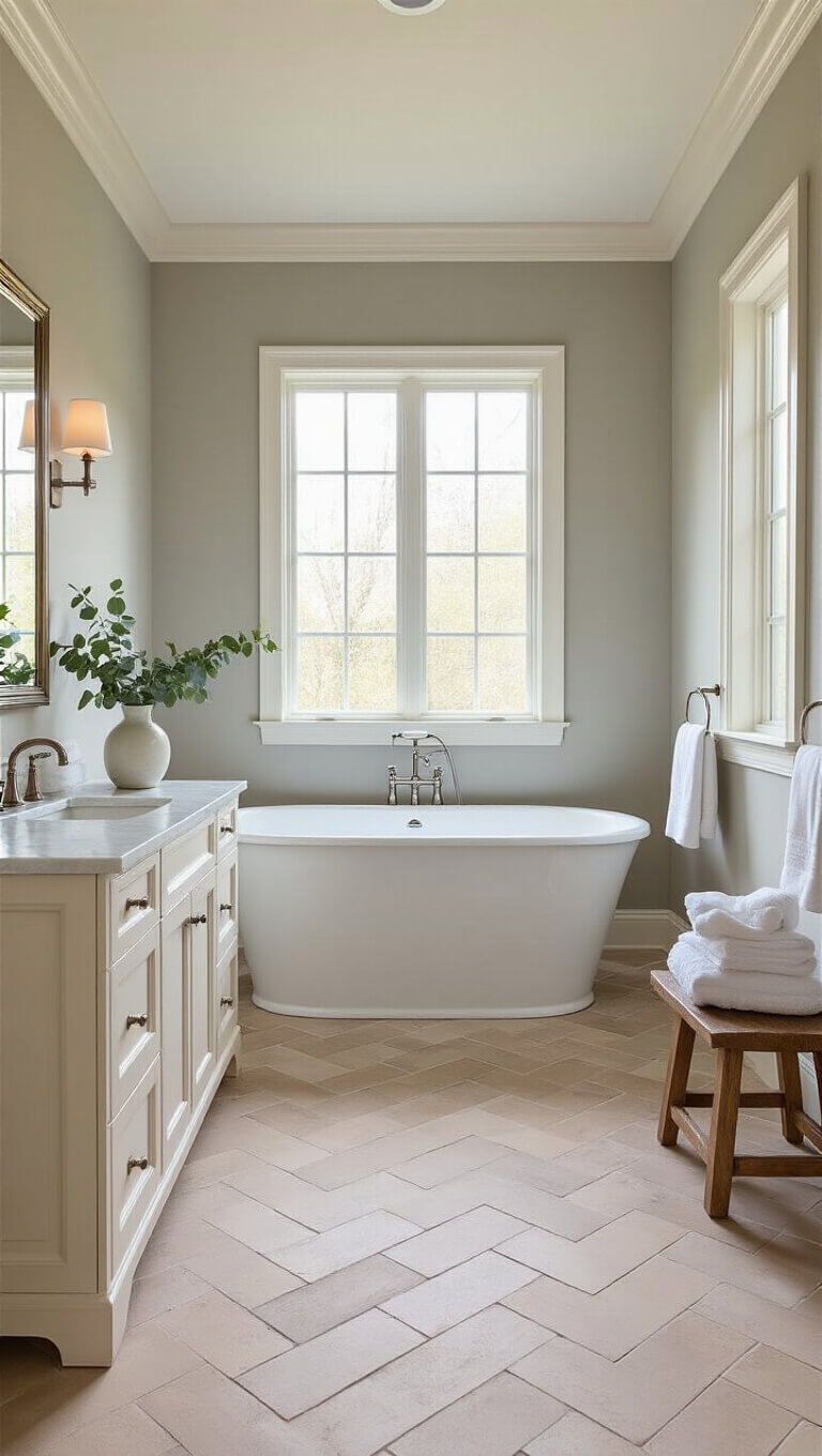 Transitional bathroom with freestanding tub, double vanity, marble countertops, and soft natural lighting.