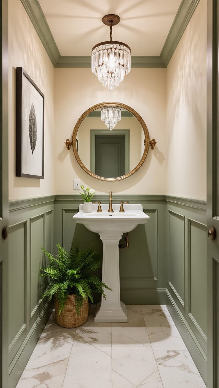 Transitional powder room with sage green wainscoting, cream upper walls, white pedestal sink, antique brass mirror, crystal chandelier, marble-look tile floor, black and white artwork, and potted fern.