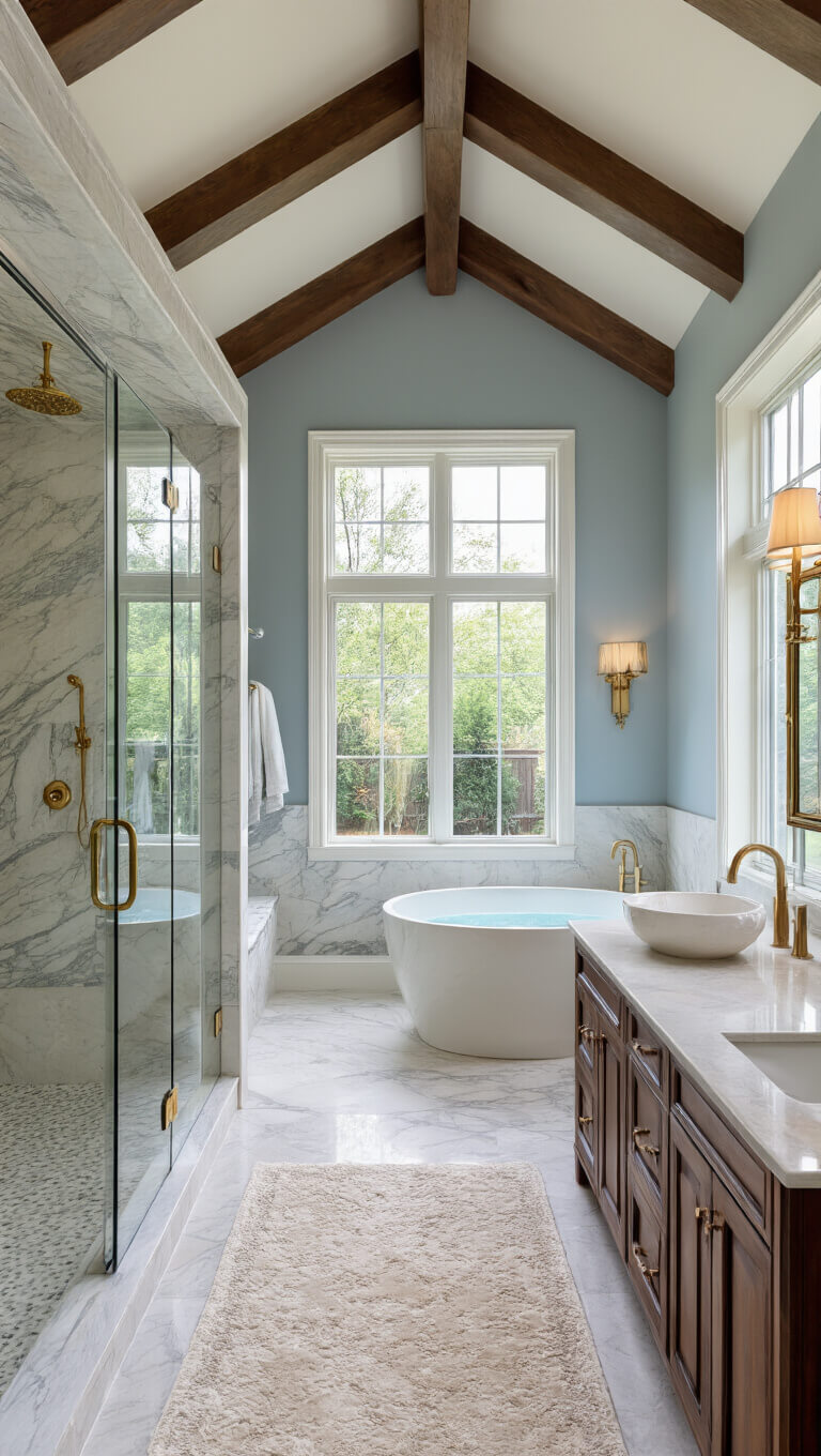 Luxurious transitional master bathroom with vaulted ceiling, exposed wooden beams, marble walk-in shower, walnut double vanity, freestanding tub beneath garden-view window, and soft blue-gray walls.