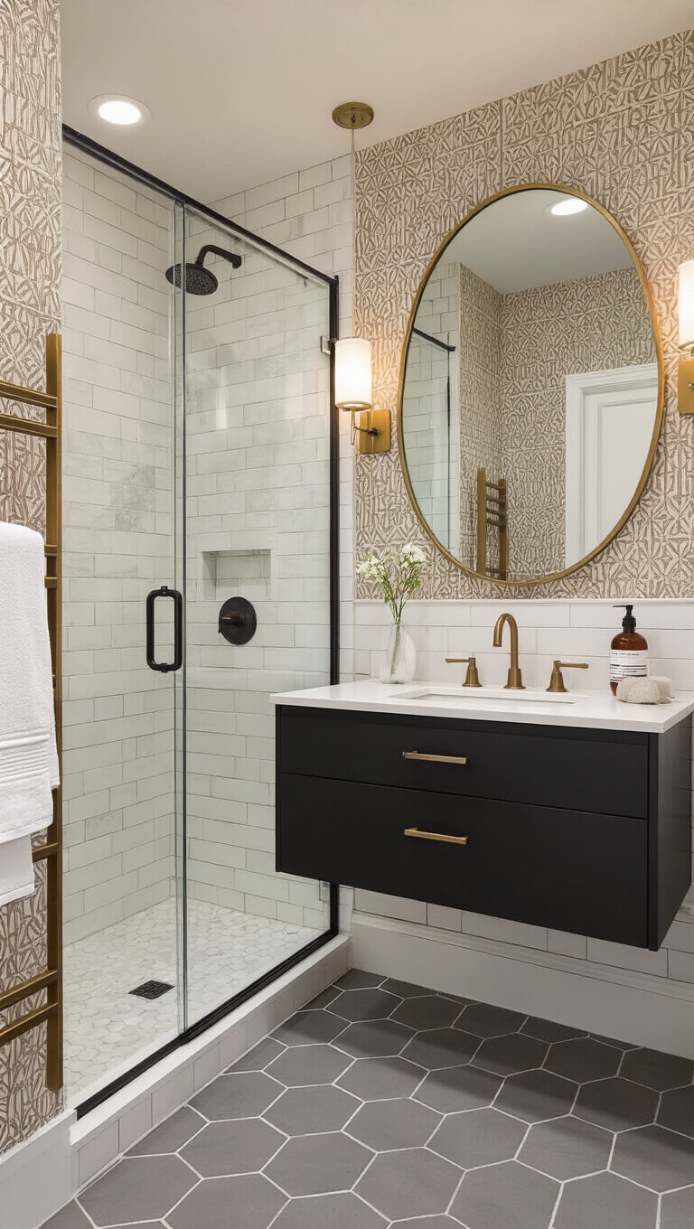 Chic guest bathroom with geometric taupe and cream wallpaper, matte black floating vanity, quartz countertop, brass-framed mirror, white subway tile shower, gray hexagon floor tiles, and brass towel rack.