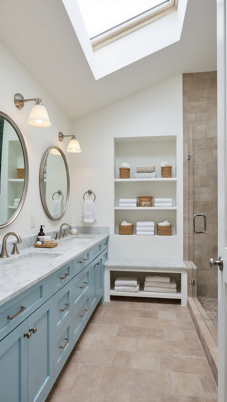 Bright transitional family bathroom with skylight, pale blue double vanity, Carrara marble countertops, greige tile flooring, spacious shower, and open shelving.
