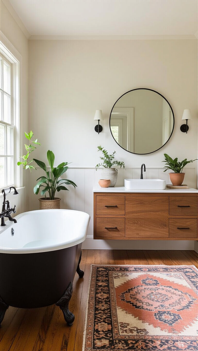 Eclectic transitional bathroom with vintage clawfoot tub, modern floating vanity, and warm hardwood floors in moody lighting.