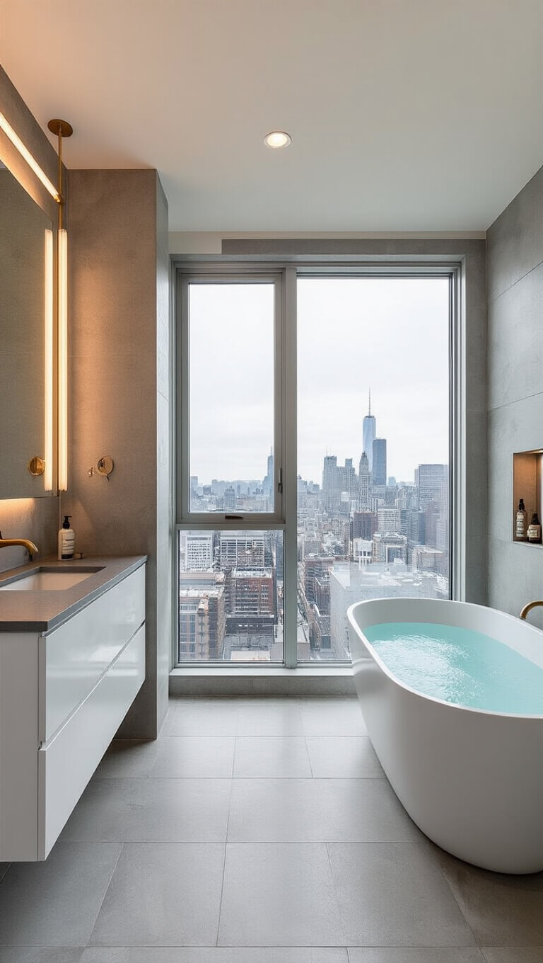 Transitional urban bathroom with floor-to-ceiling windows, concrete-look porcelain tiles, floating white double vanity, backlit mirror, rainfall walk-in shower, and freestanding matte white tub.