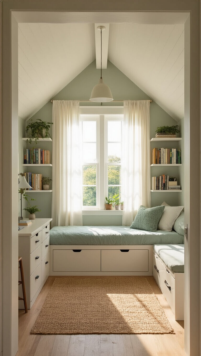Cozy 10x12 ft bedroom with loft bed, compact desk, vertical shelves, and soft morning light through sheer curtains.