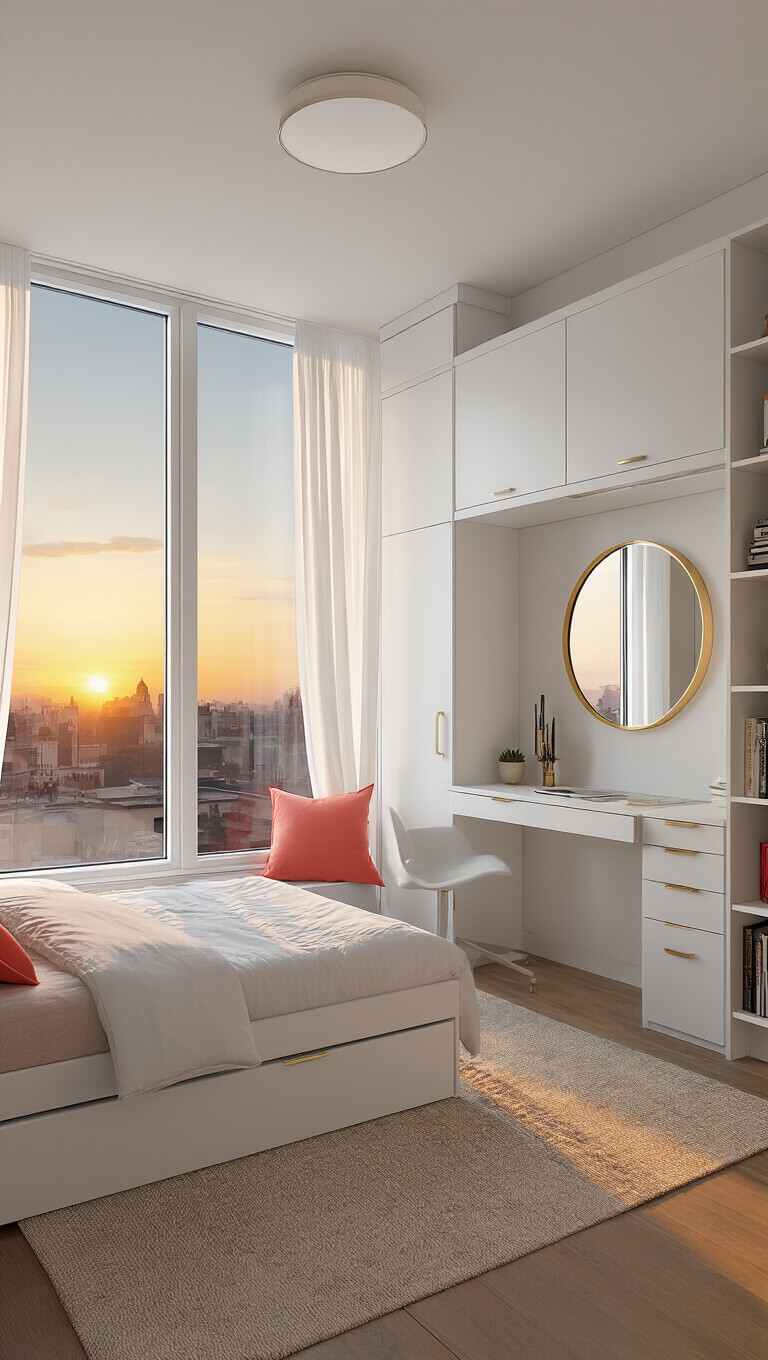 Ultra-compact 8x10 ft urban bedroom with sunset light through floor-to-ceiling windows, Murphy bed extended from sleek white storage unit, floating shelves, fold-down desk with mirror, coral and gold accents, and sheer white curtains.