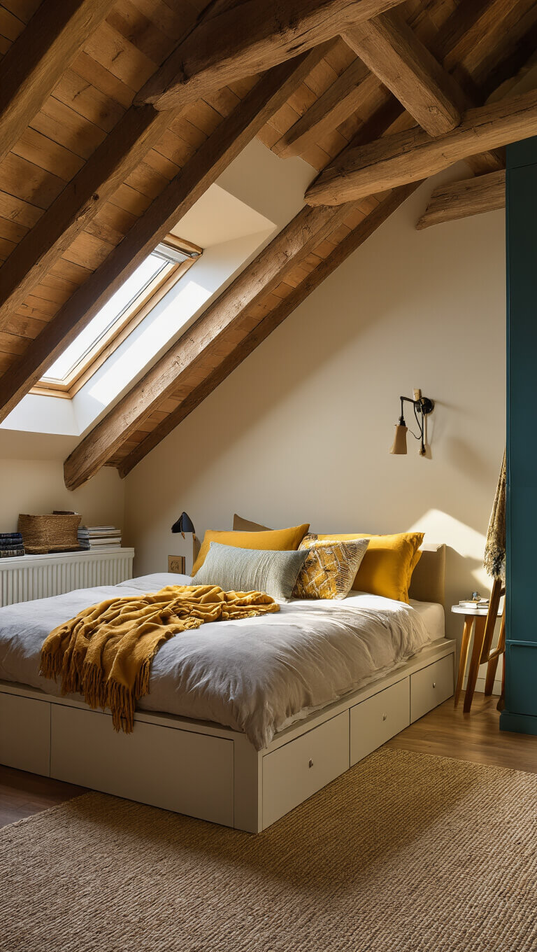 Cozy attic bedroom with exposed wooden beams, dormer window, low platform bed with storage, vintage ladder for blanket storage, and warm sunlight highlighting textured textiles and string lights.