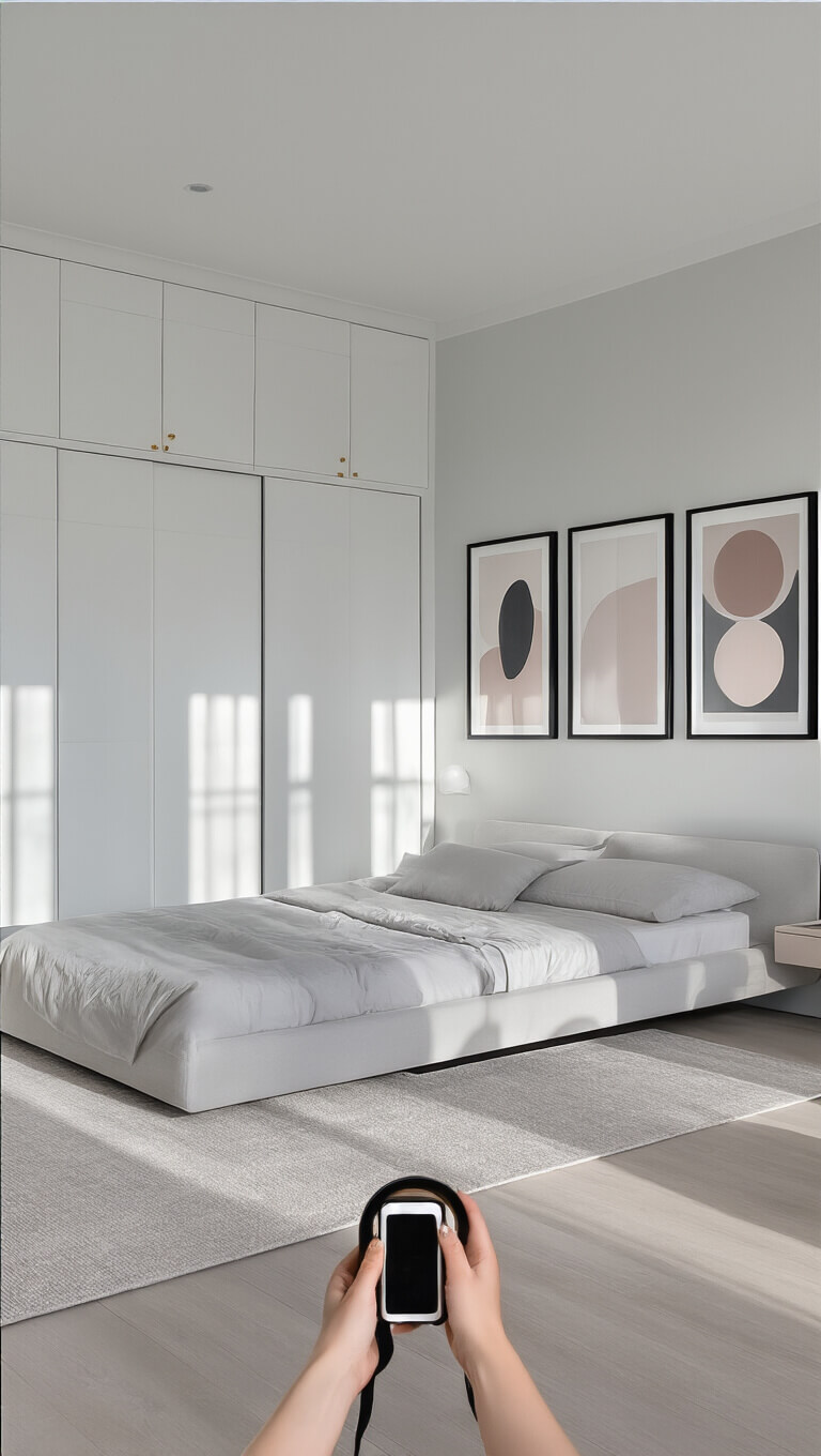 Minimalist 10x10 ft bedroom with white wardrobes, low-profile bed, floating side tables, abstract wall art, and large round mirror in bright morning light.